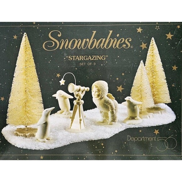 Dept. 56 SNOWBABIES STARGAZING 9 pc Set w/Telescope Snow Xmas Penguins Trees - Picture 1 of 12